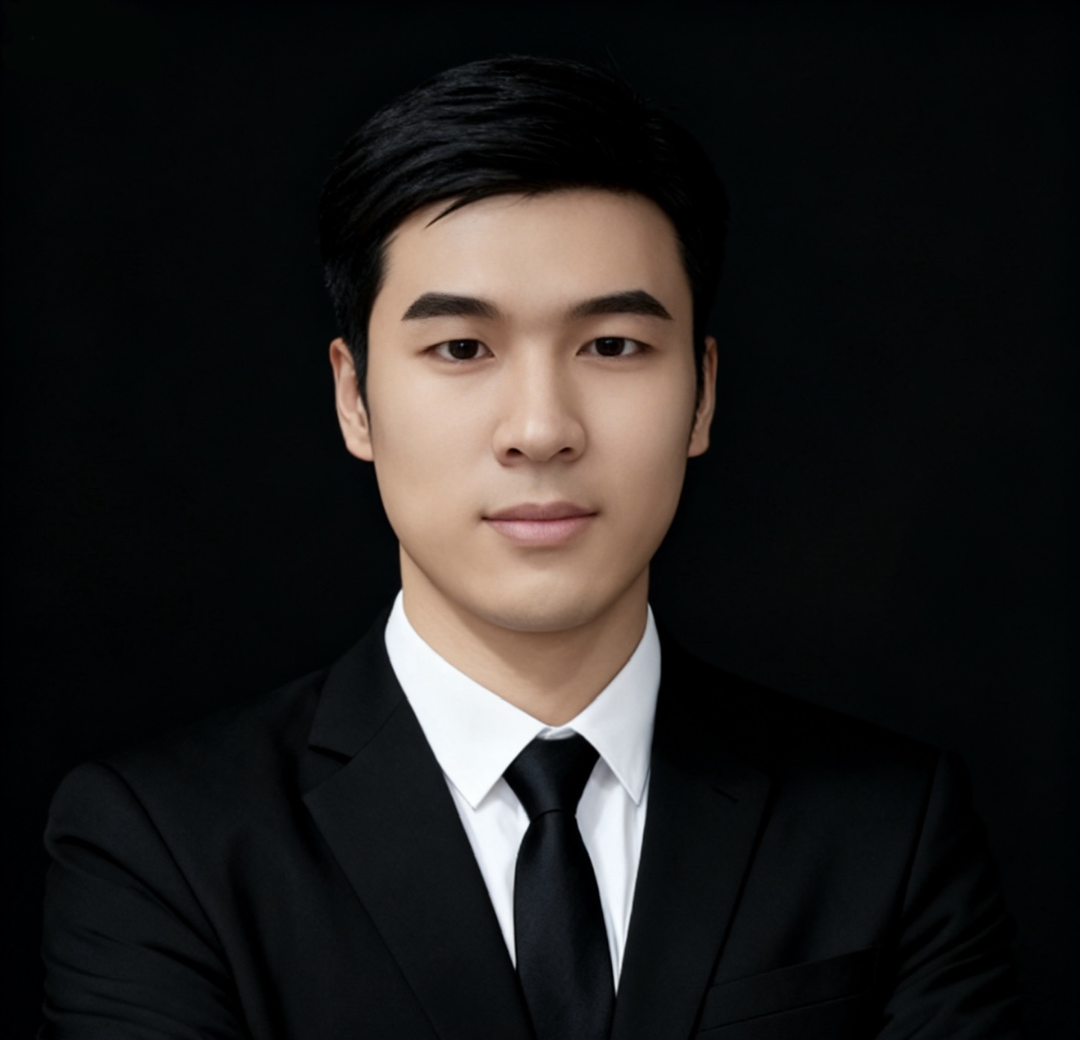 三十岁左右男性工程师头像,穿黑色西装,白色背景,专业商务风格